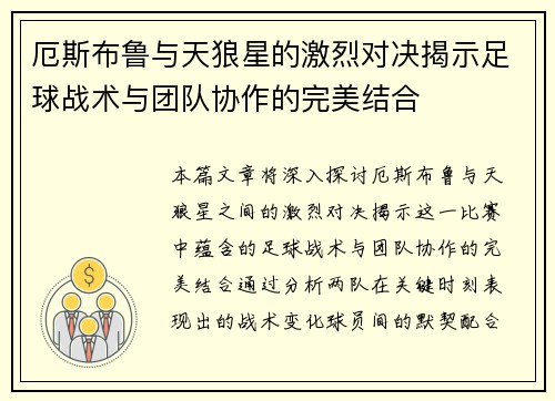 厄斯布鲁与天狼星的激烈对决揭示足球战术与团队协作的完美结合